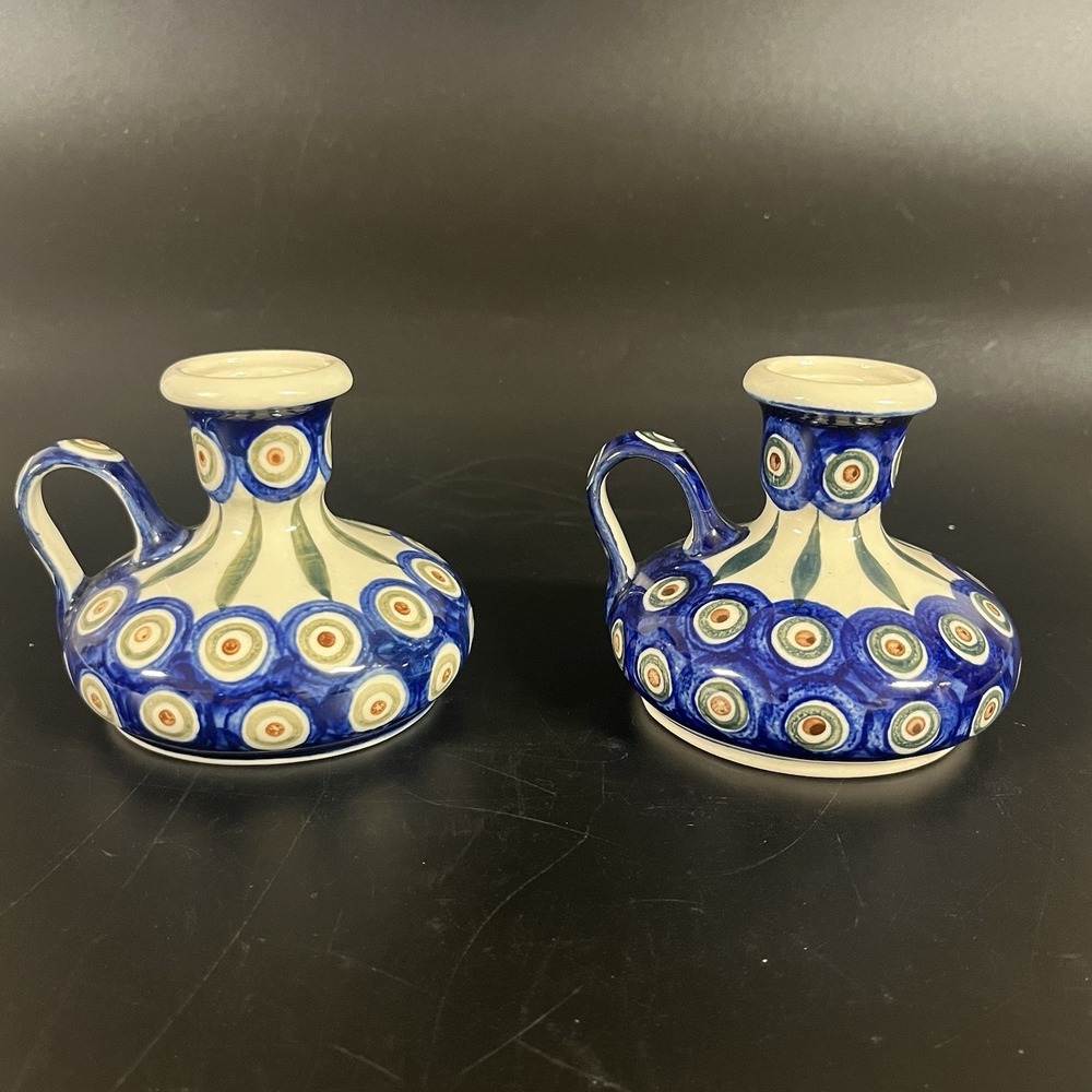 Polish Boleslawiec Pottery Peacock Chamber Candlesticks Pair Handle Blue